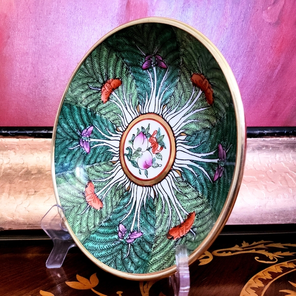 Neiman Marcus Horchow Chinese Export Famille Rose Verte Bok Choy Brass Plate VTG - Picture 11 of 15